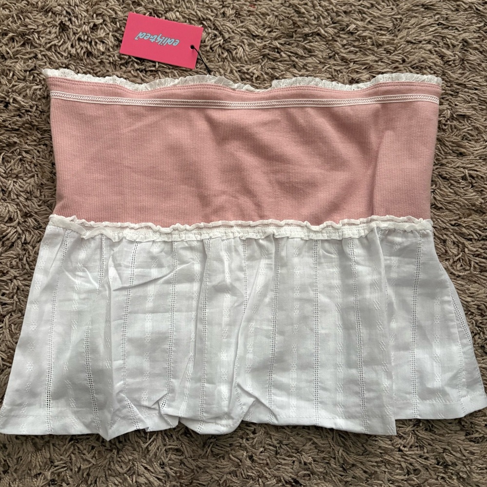 Women’s Rena Ribbed Peplum Tube Top - Pink and White XL